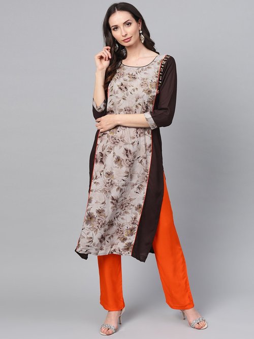 Anaisa Beige & Orange Embroidered Kurti Palazzo Set Price in India