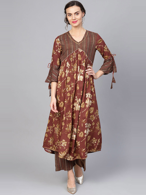 La Firangi Maroon & Brown Floral Print Kurti Palazzo Set Price in India