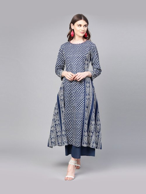 Bhama Couture Blue Cotton Printed Kurti Palazzo Set Price in India