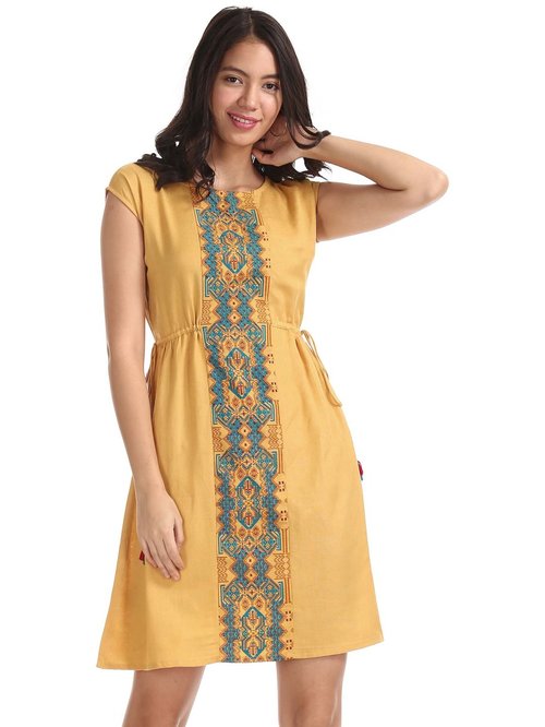 Bronz by Unlimited Mustard Printed A-Line Dress Price in India