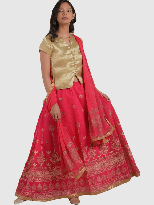 Imara Beige & Pink Lehenga Choli Set With Dupatta Price in India