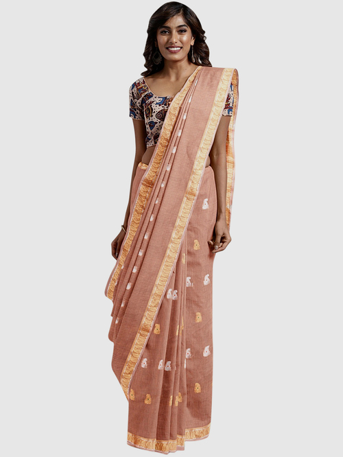 Pavecha's Peach & Golden Woven Saree With Blouse Price in India