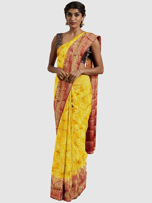 Pavecha's Yellow & Golden Woven Saree With Blouse Price in India