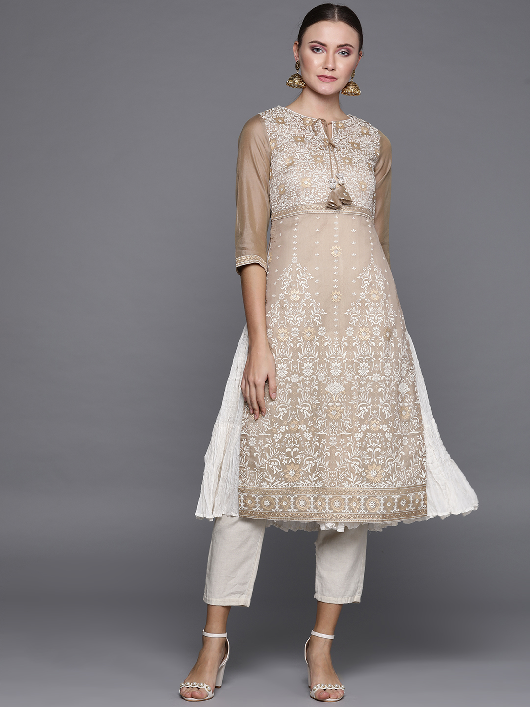 Biba Women Beige & Off-White Printed Straight Layered Kurta Price in India