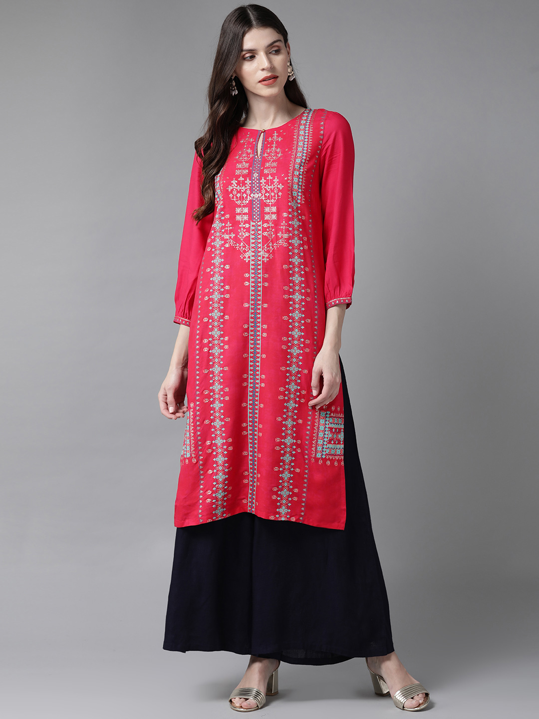 W Women Pink & Blue Printed Straight Kurta Price in India