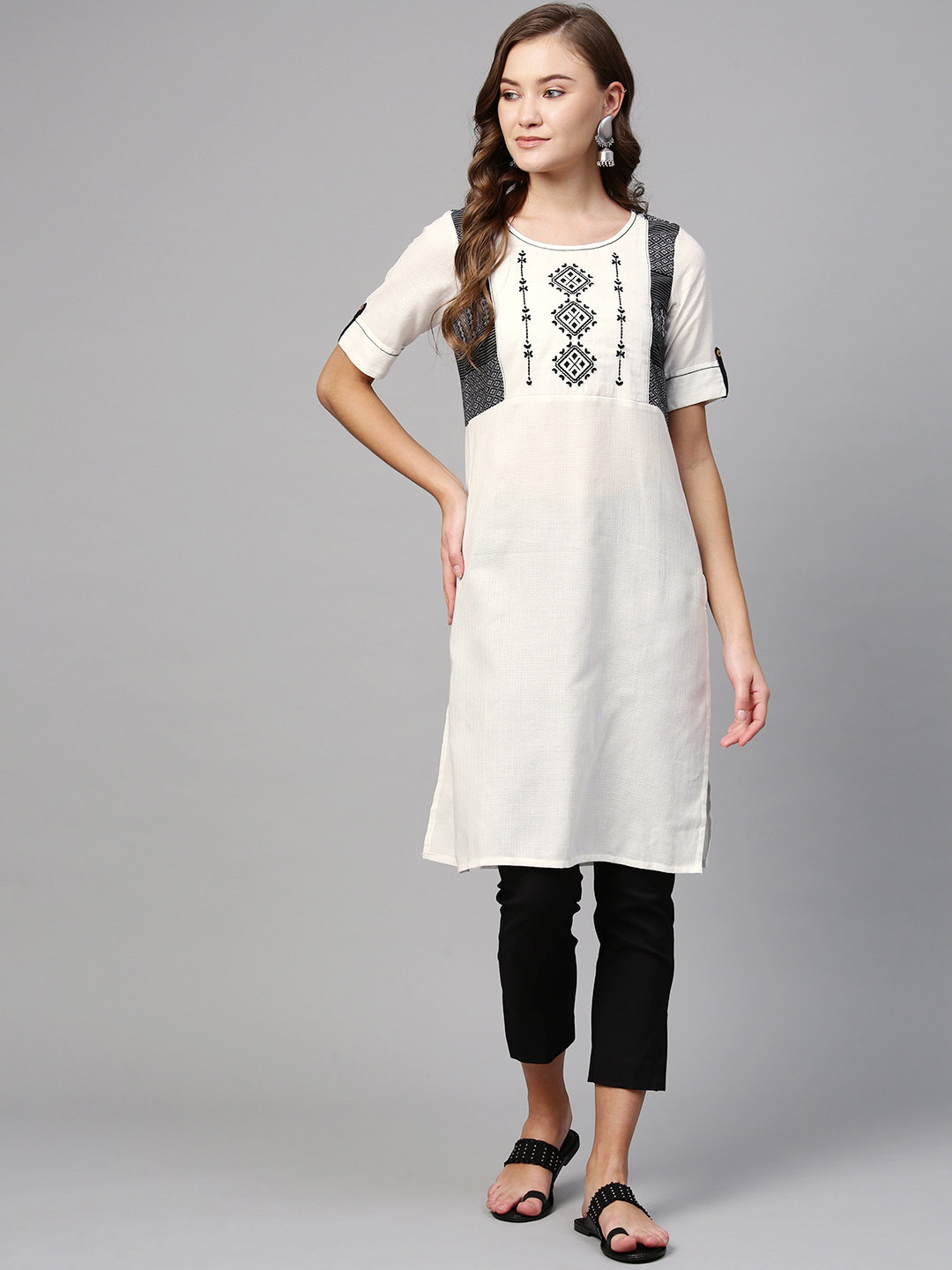 AURELIA Women White & Black Yoke Design Straight Kurta Price in India