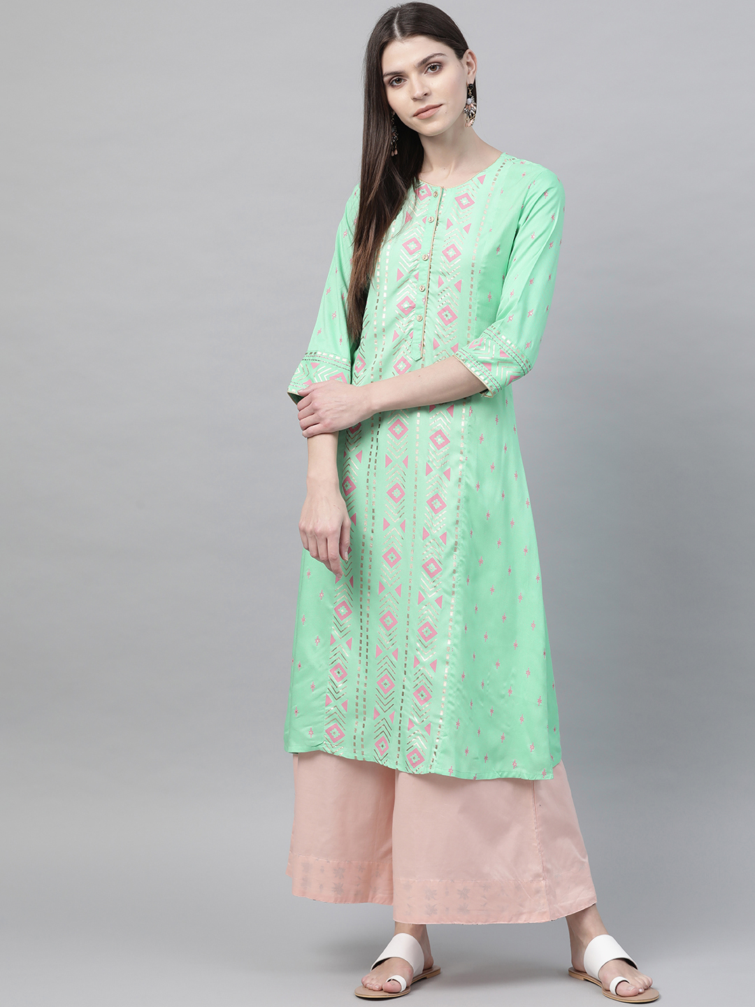 Rangriti Women Sea Green & Pink Foil Print A-Line Kurta Price in India