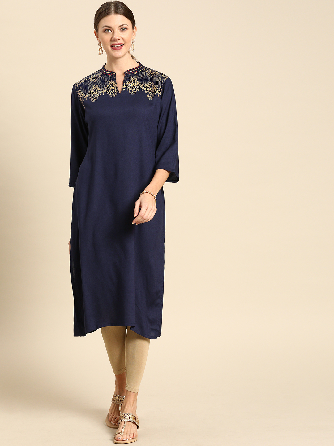 Soch Women Navy Blue Yoke Design Straight Kurta Price in India