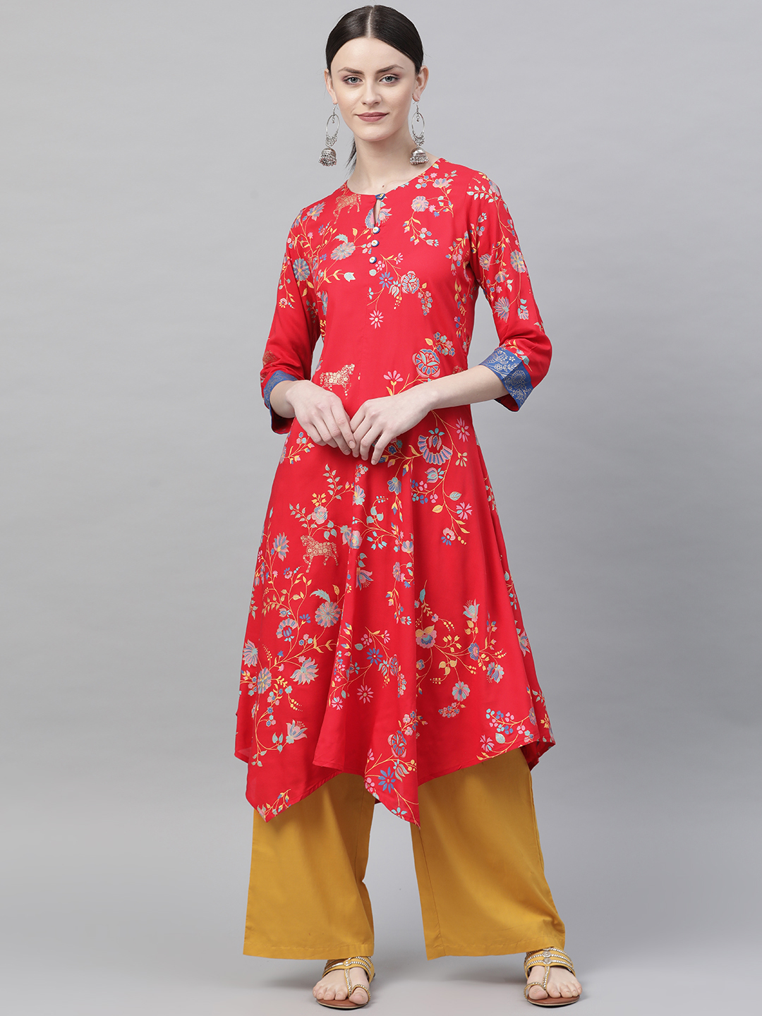 Rangriti Women Red & Pink Printed A-Line Kurta Price in India