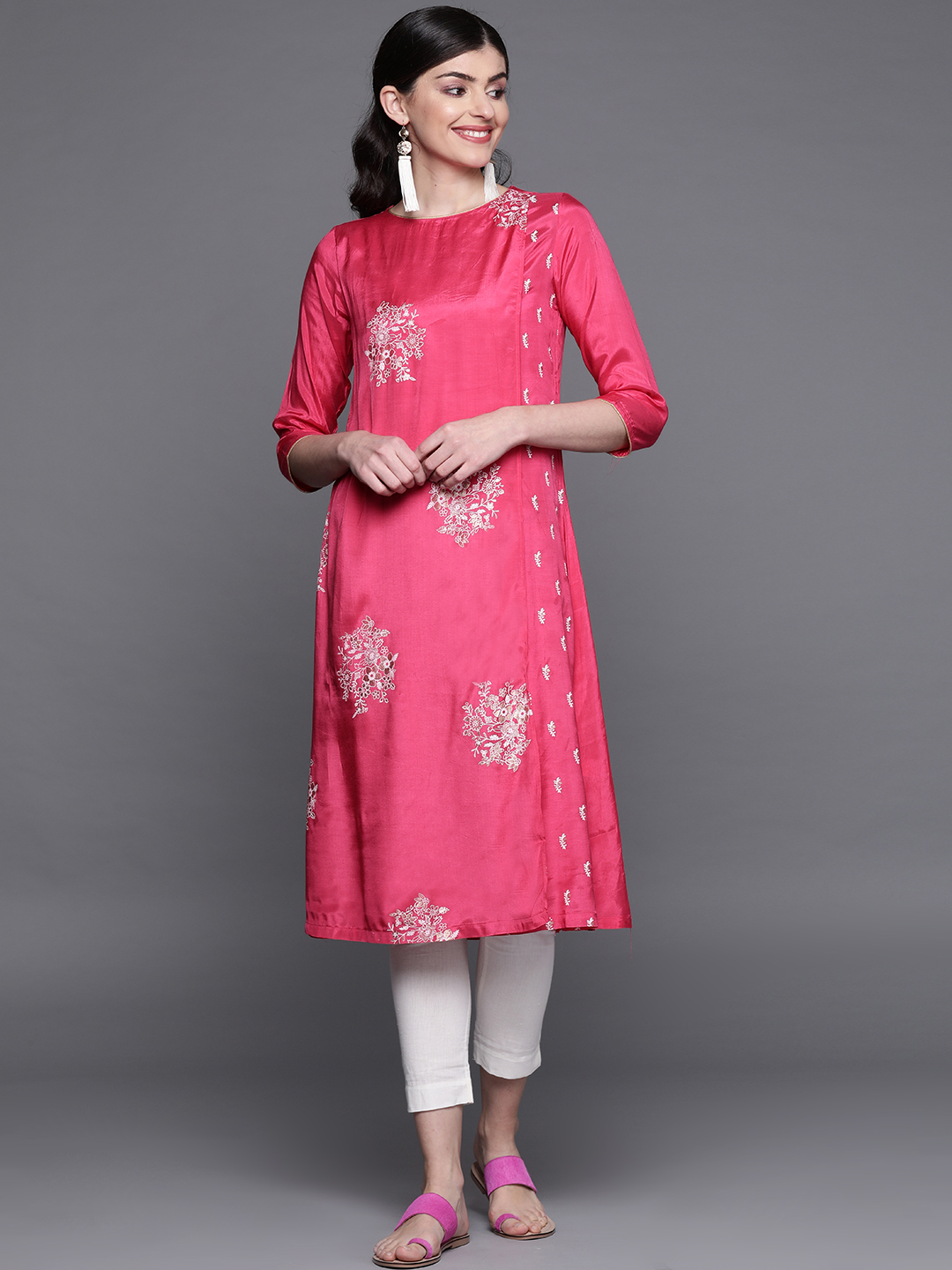 Biba Women Pink & White Printed A-Line Kurta Price in India