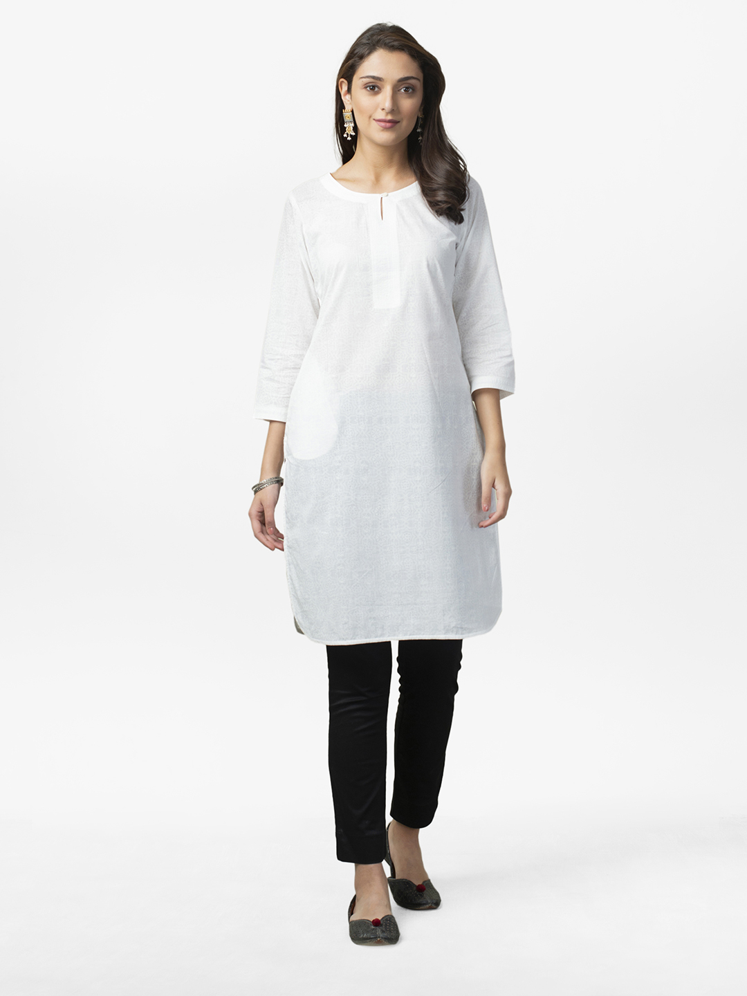 Fabindia Women Off-White Printed Straight Kurta Price in India