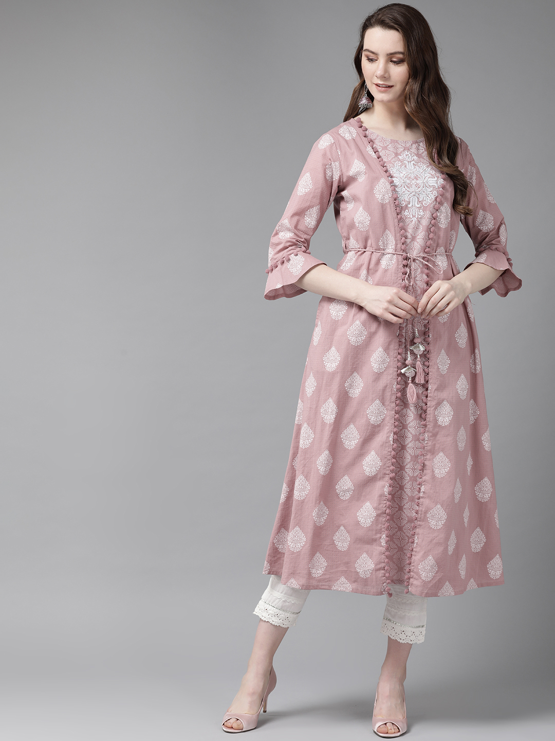 Juniper Women Pink & Off-White Layered Khari Print A-Line Kurta Price in India