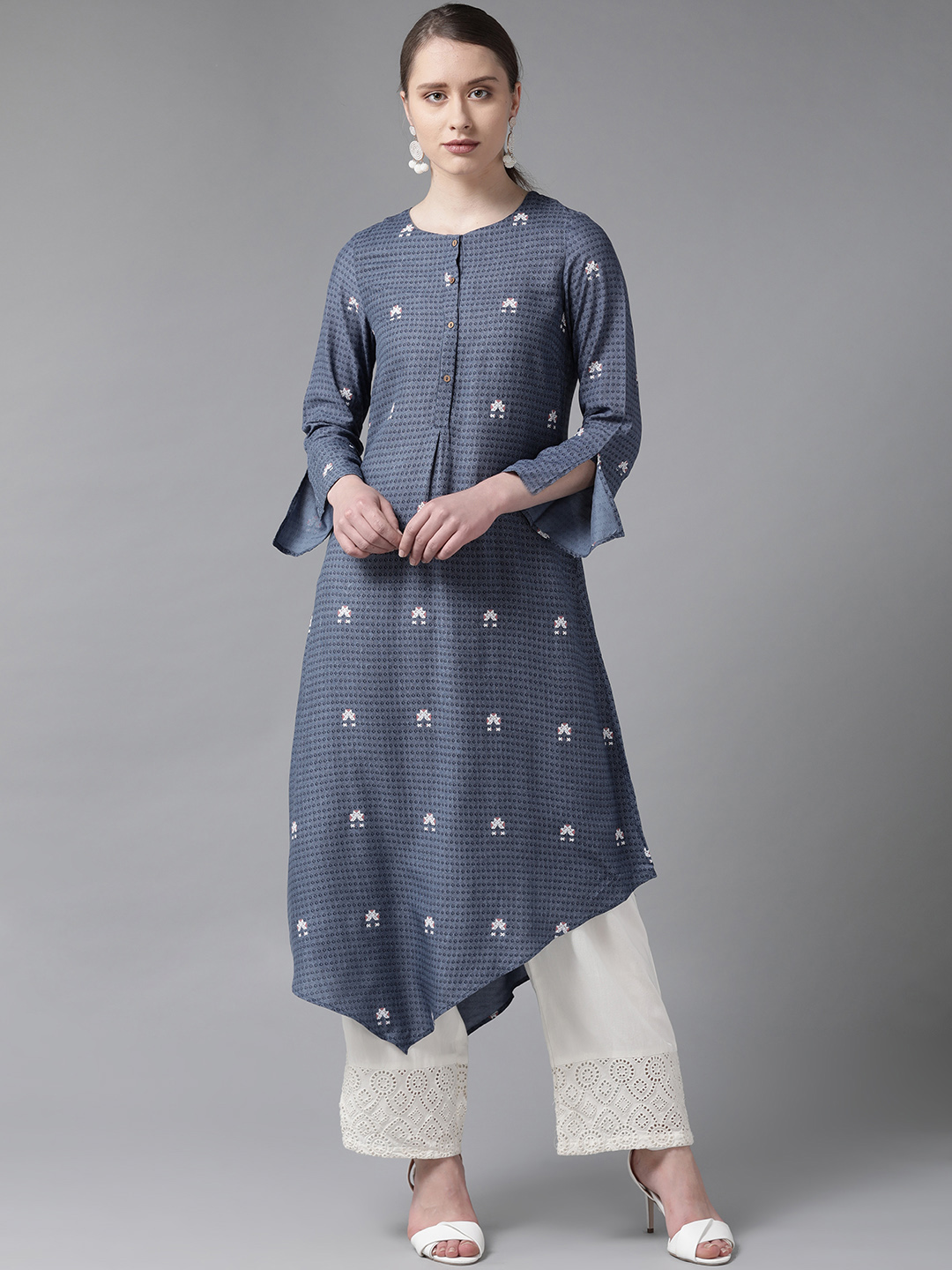 W Women Navy Blue & White Printed A-Line Kurta Price in India