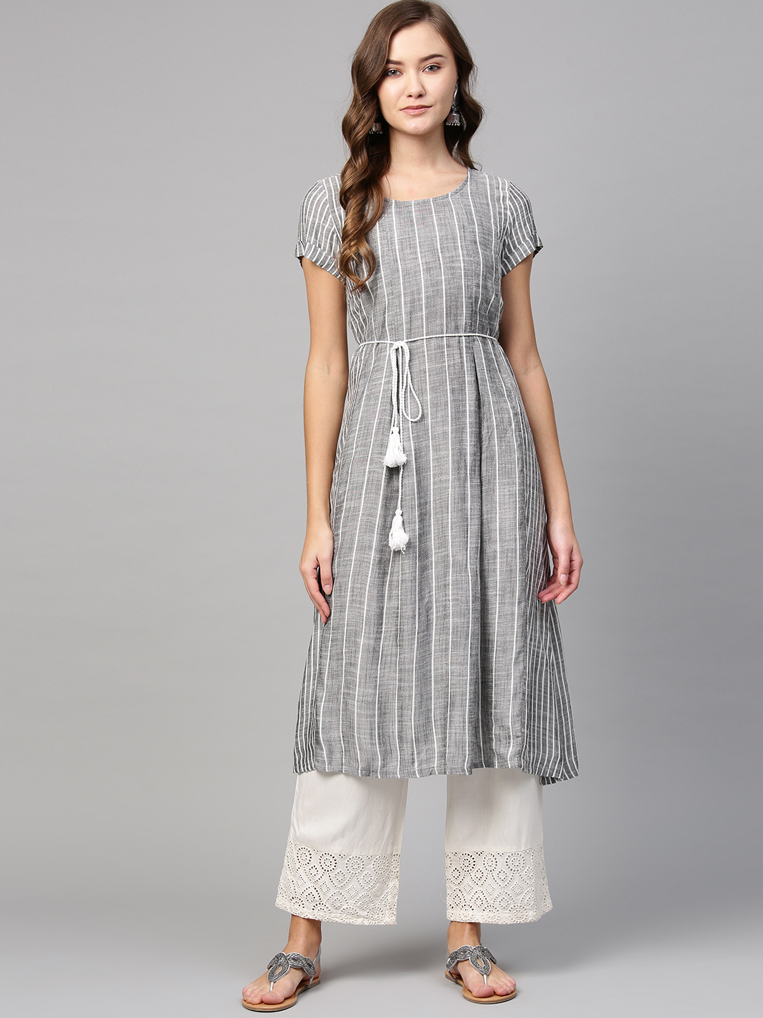 AURELIA Women Grey & White Striped A-Line Kurta Price in India