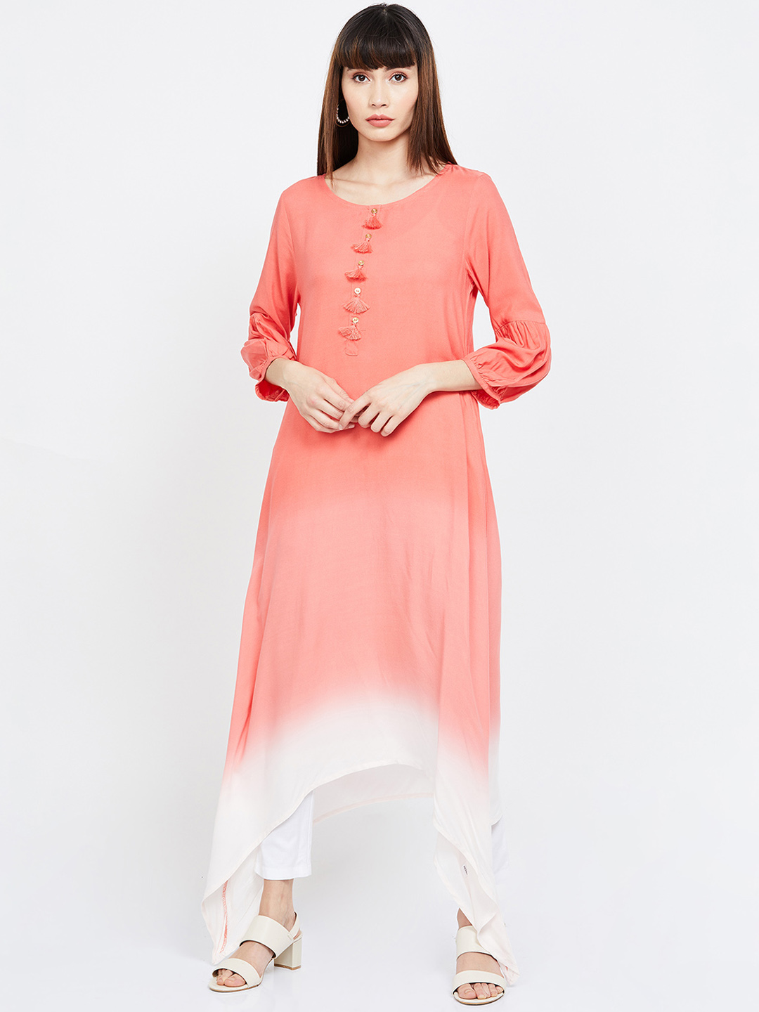 Melange by Lifestyle Women Coral Pink & White Dyed A-Line Kurta Price in India