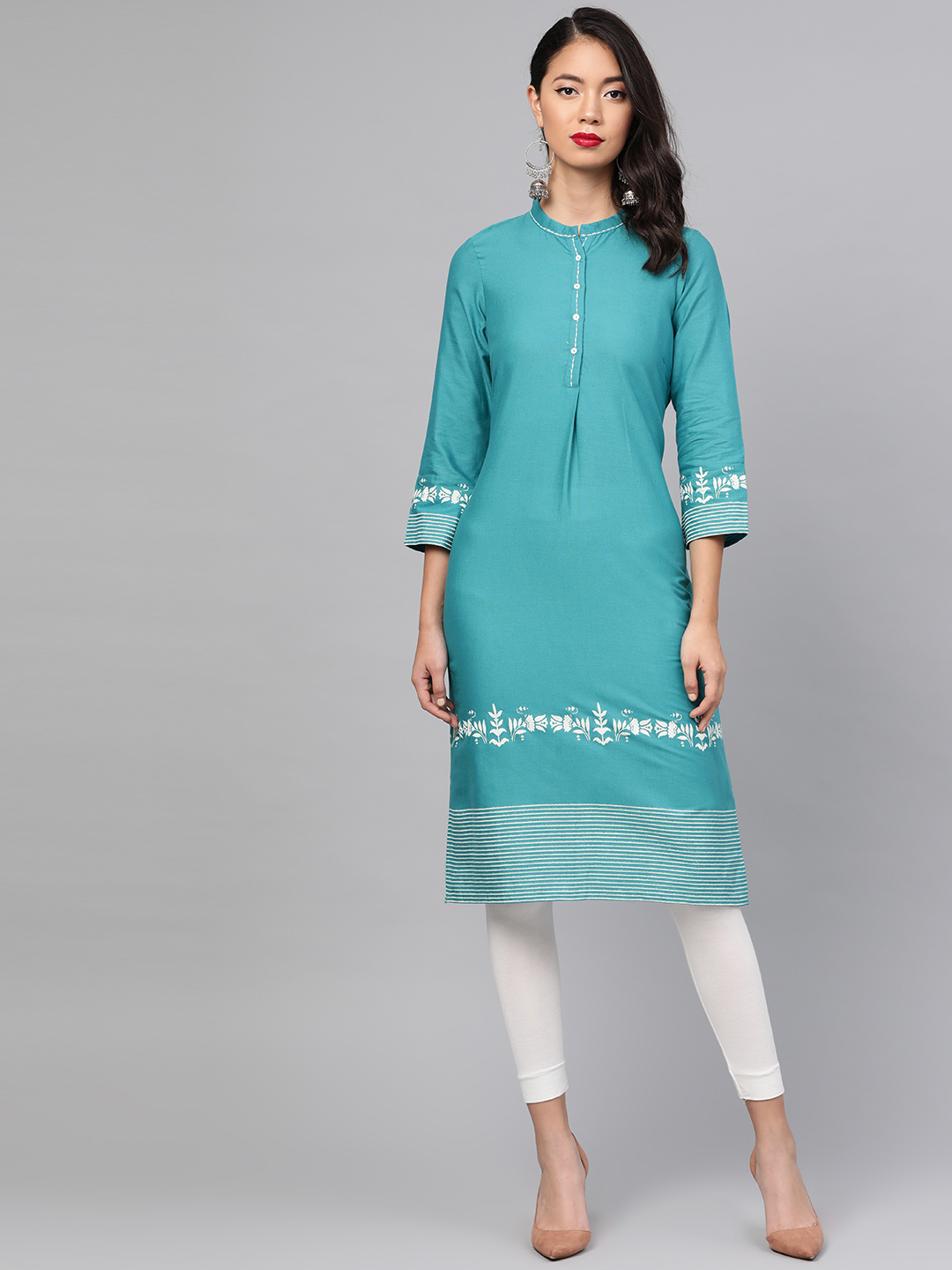 W Women Teal Green Solid Straight Kurta Price in India