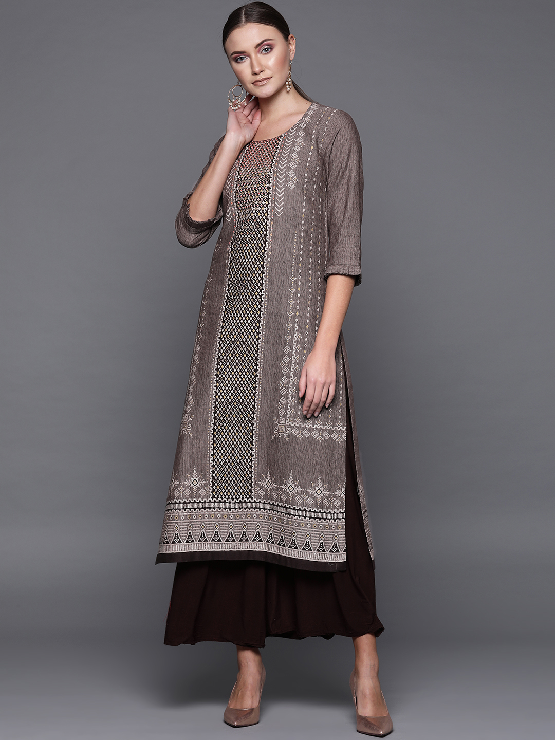 Biba Women Brown & Beige Printed Straight Kurta Price in India