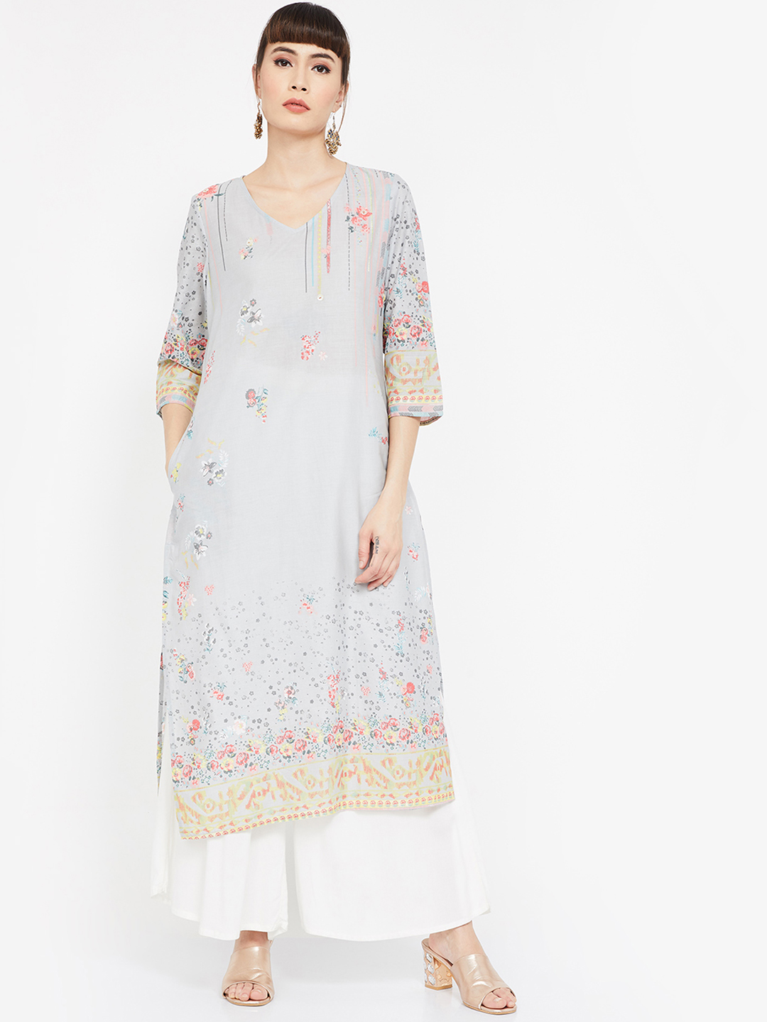 Melange by Lifestyle Women Grey & Yellow Printed Straight Kurta Price in India