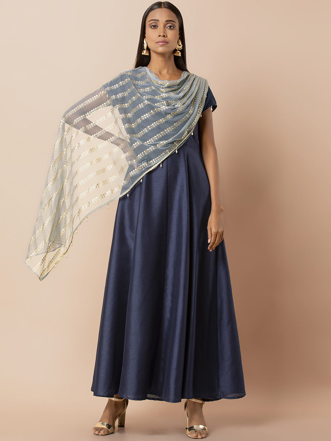 INDYA Women Blue Solid Straight Kurta With Attached Dupatta Price in India