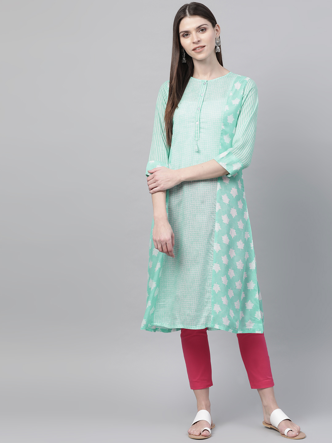 Rangriti Women Sea Green & White Printed Semi-Sheer A-Line Kurta Price in India