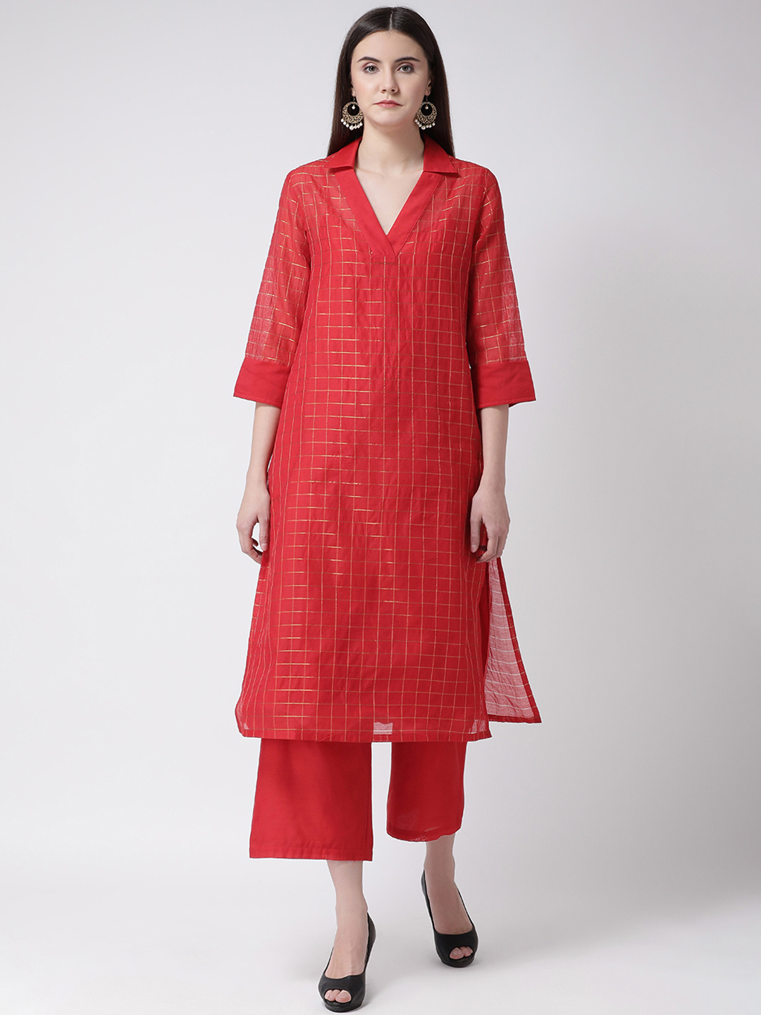 Aayna Women Red & Gold-Toned Checked Straight Kurta Price in India