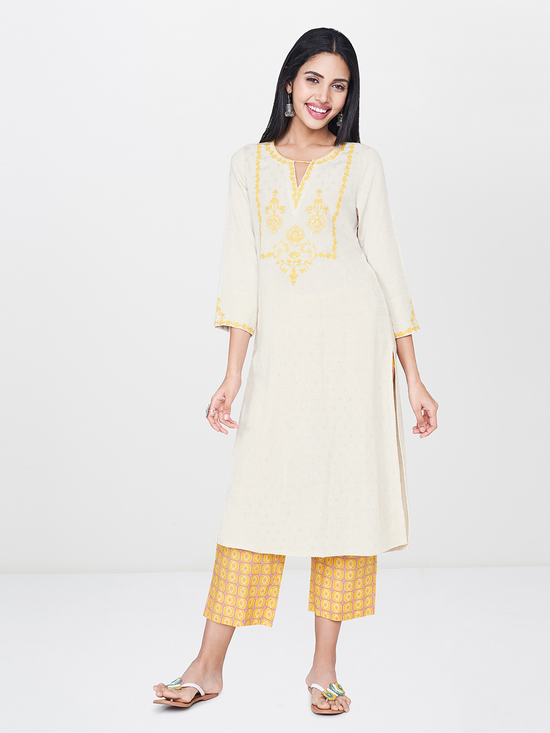 Global Desi Women Off-White & Yellow Yoke Design A-Line Kurta Price in India