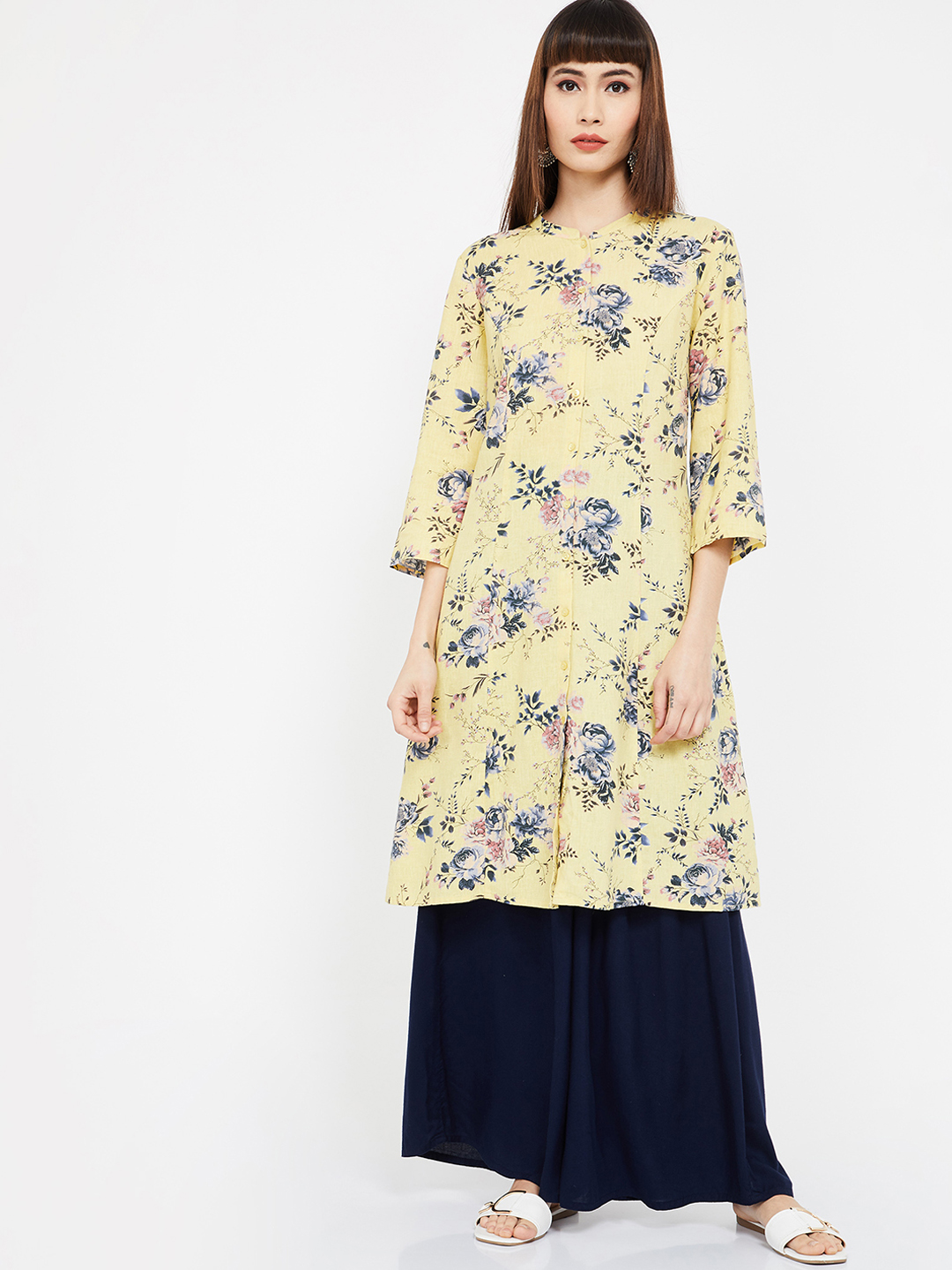 Melange by Lifestyle Women Yellow & Blue Printed Straight Kurta Price in India