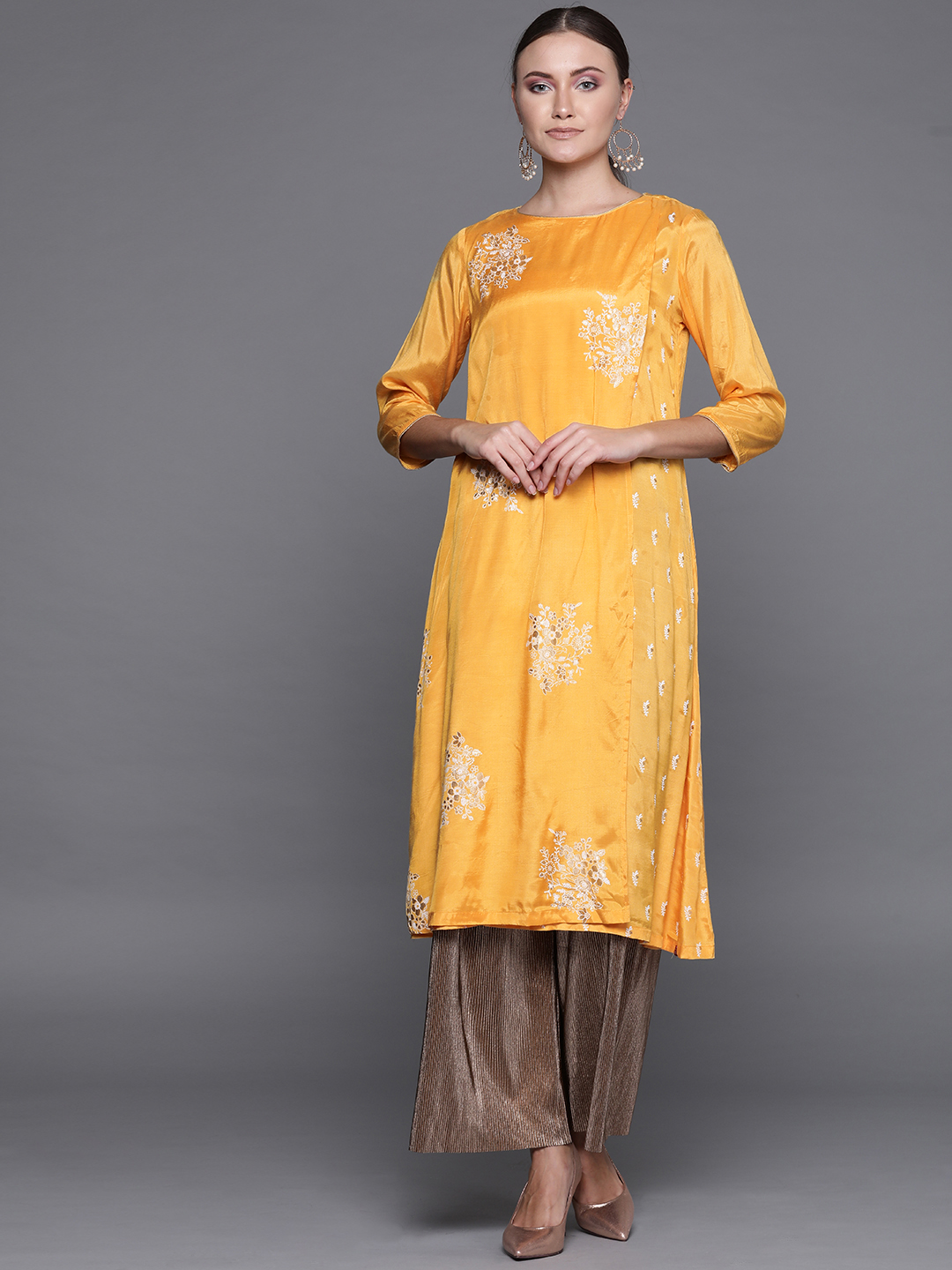 Biba Women Yellow & White Block Print Layered A-Line Kurta Price in India