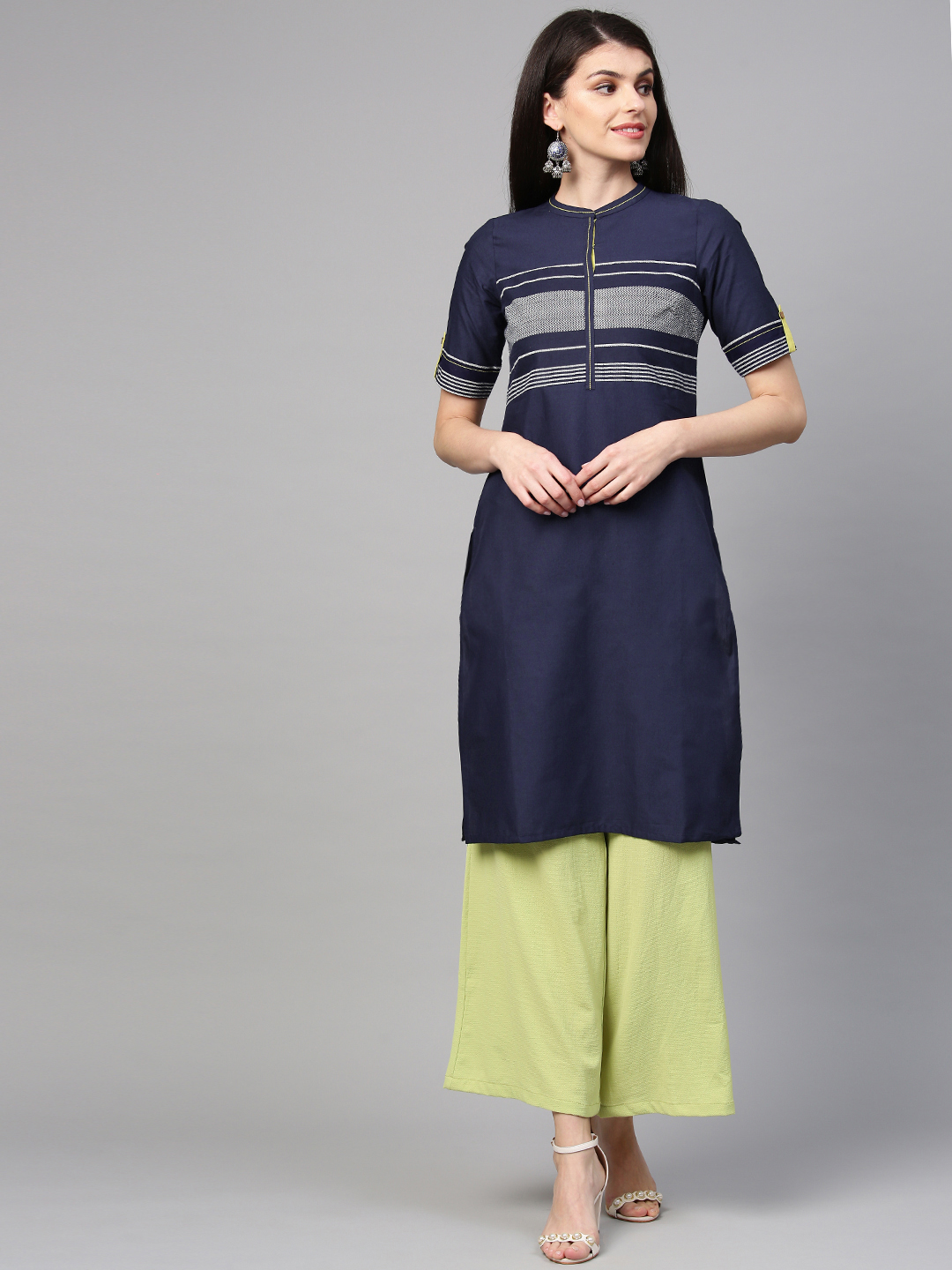 AURELIA Women Navy Blue & White Yoke Design Straight Kurta Price in India