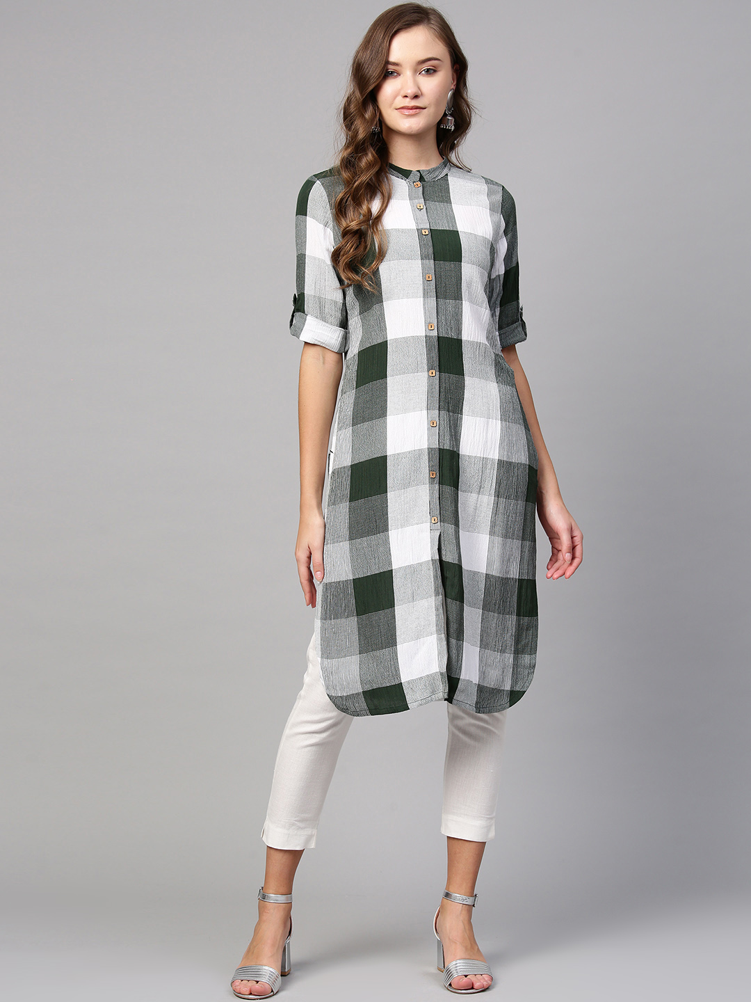 AURELIA Women Green & White Checked Straight Kurta Price in India