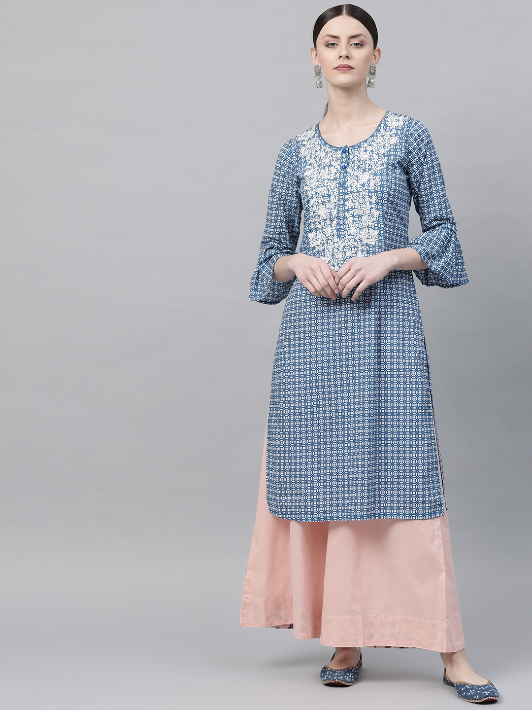 Rangriti Women Blue & White Printed Straight Kurta Price in India