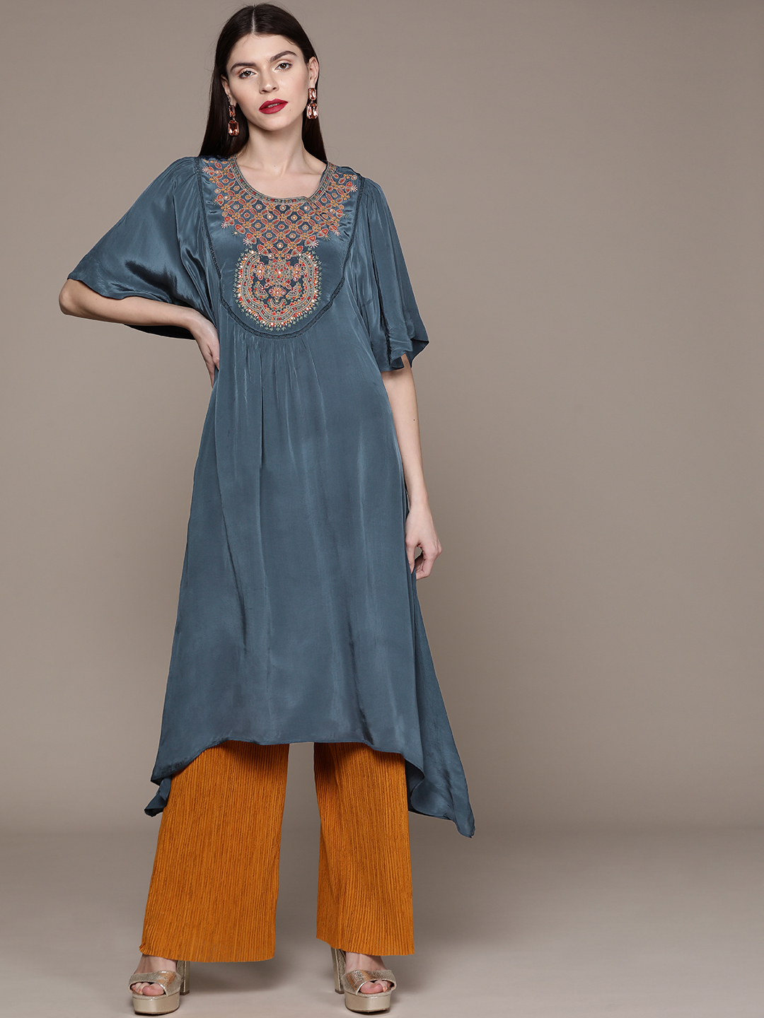 Ritu Kumar Women Teal Blue Yoke Design A-Line Kurta With Satin Finish Price in India