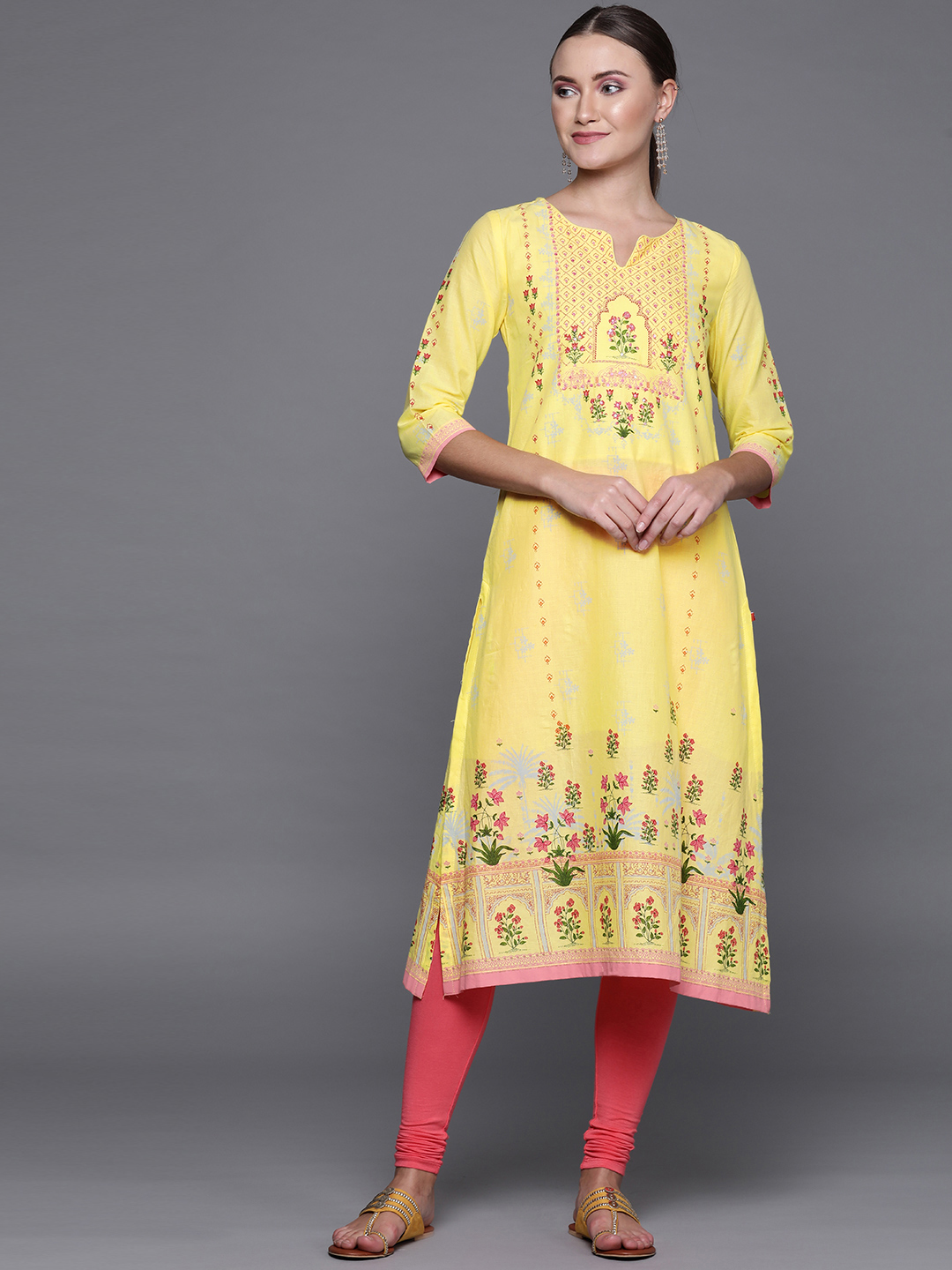 Biba Women Yellow & Red Printed Straight Kurta Price in India