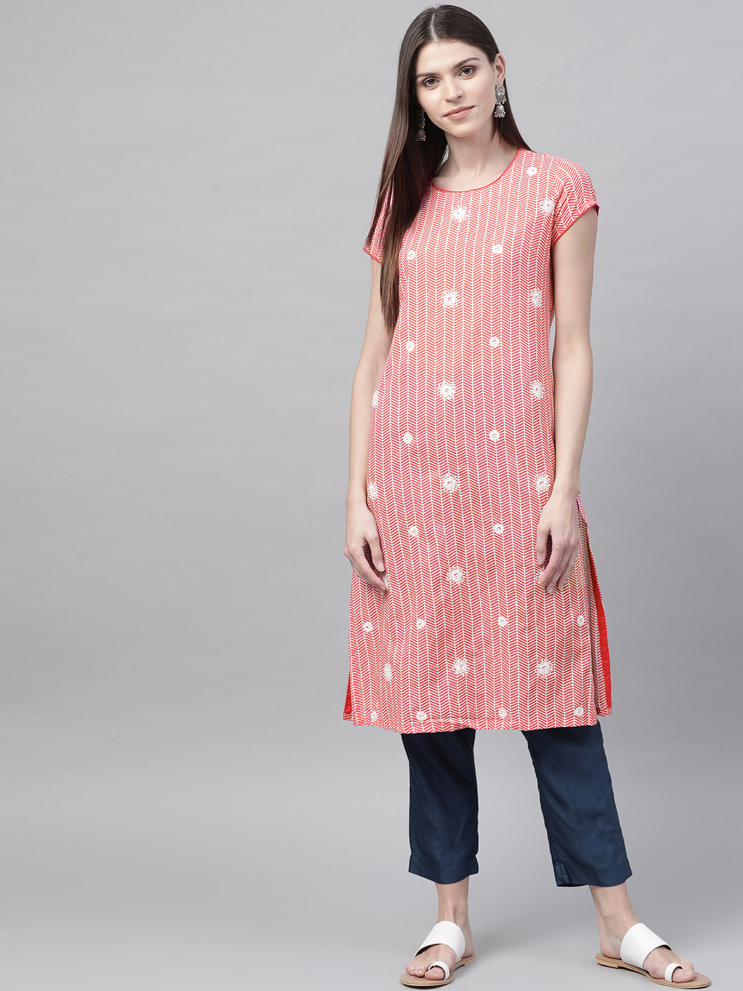 Rangriti Women Coral Pink & White Printed Straight Kurta Price in India