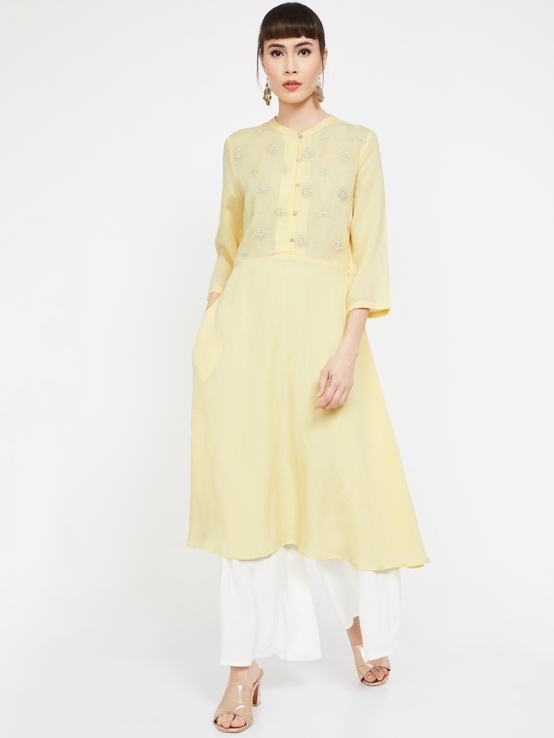 Melange by Lifestyle Women Yellow Embroidered A-Line Kurta Price in India