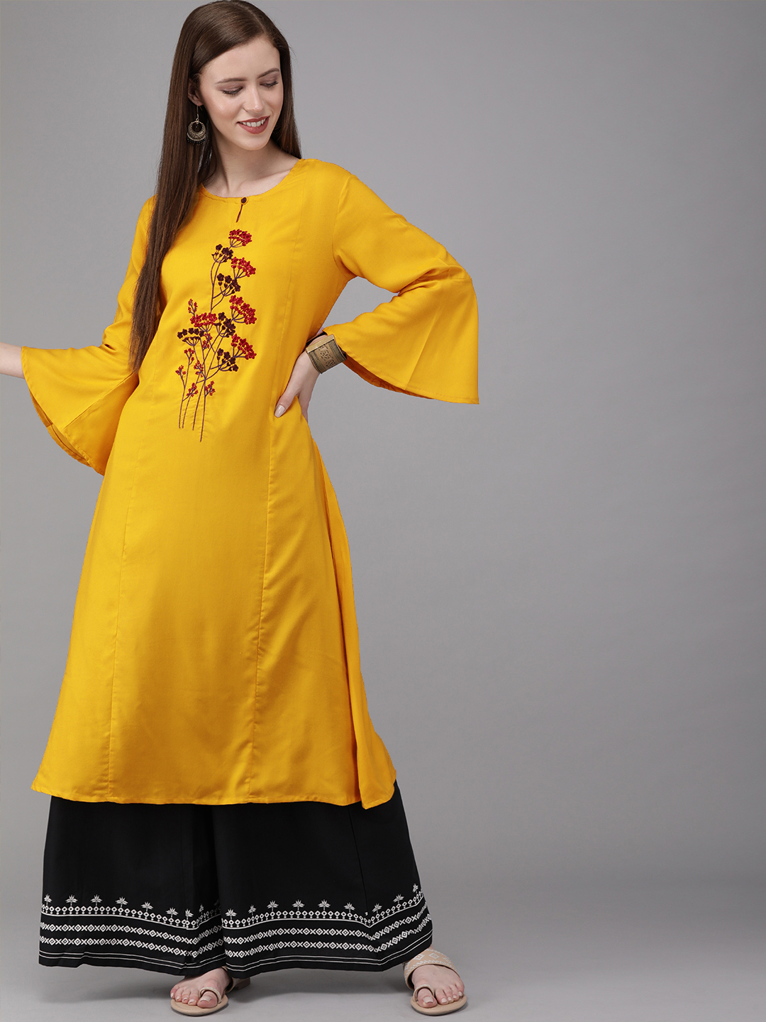 MIMOSA Women Mustard Yellow Embroidered A-Line Kurta With Flared Sleeves Price in India