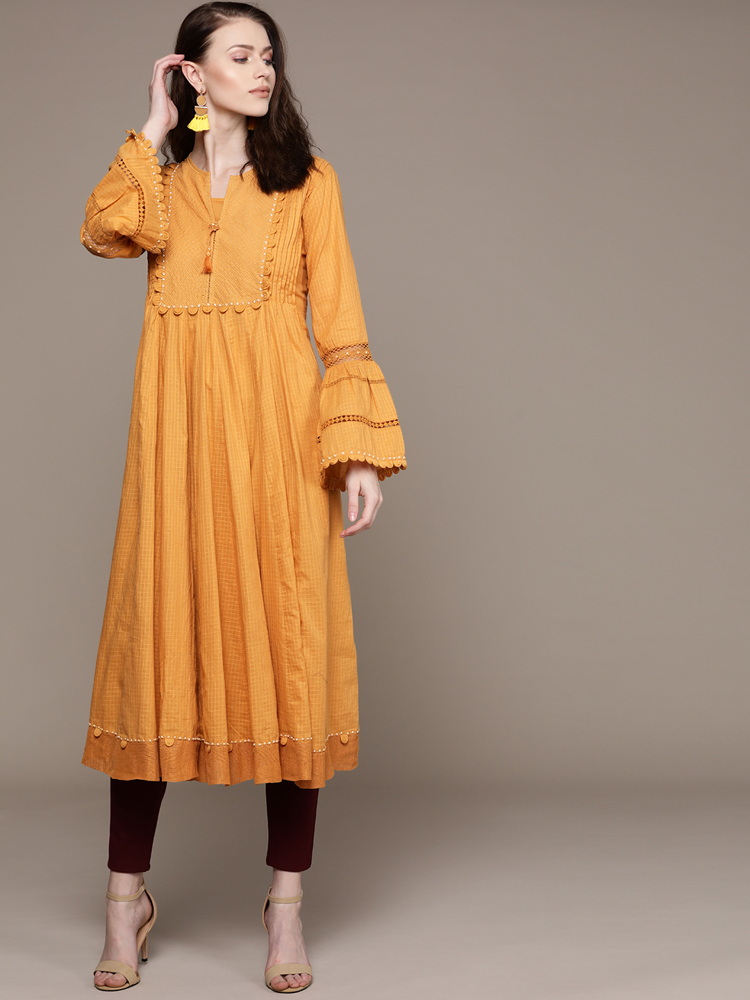 Ritu Kumar Women Mustard Yellow Self-Checked Anarkali Kurta Price in India