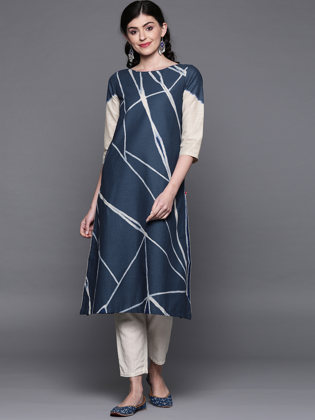 Biba Women Navy Blue & Off-White Leheriya Print A-Line Kurta Price in India