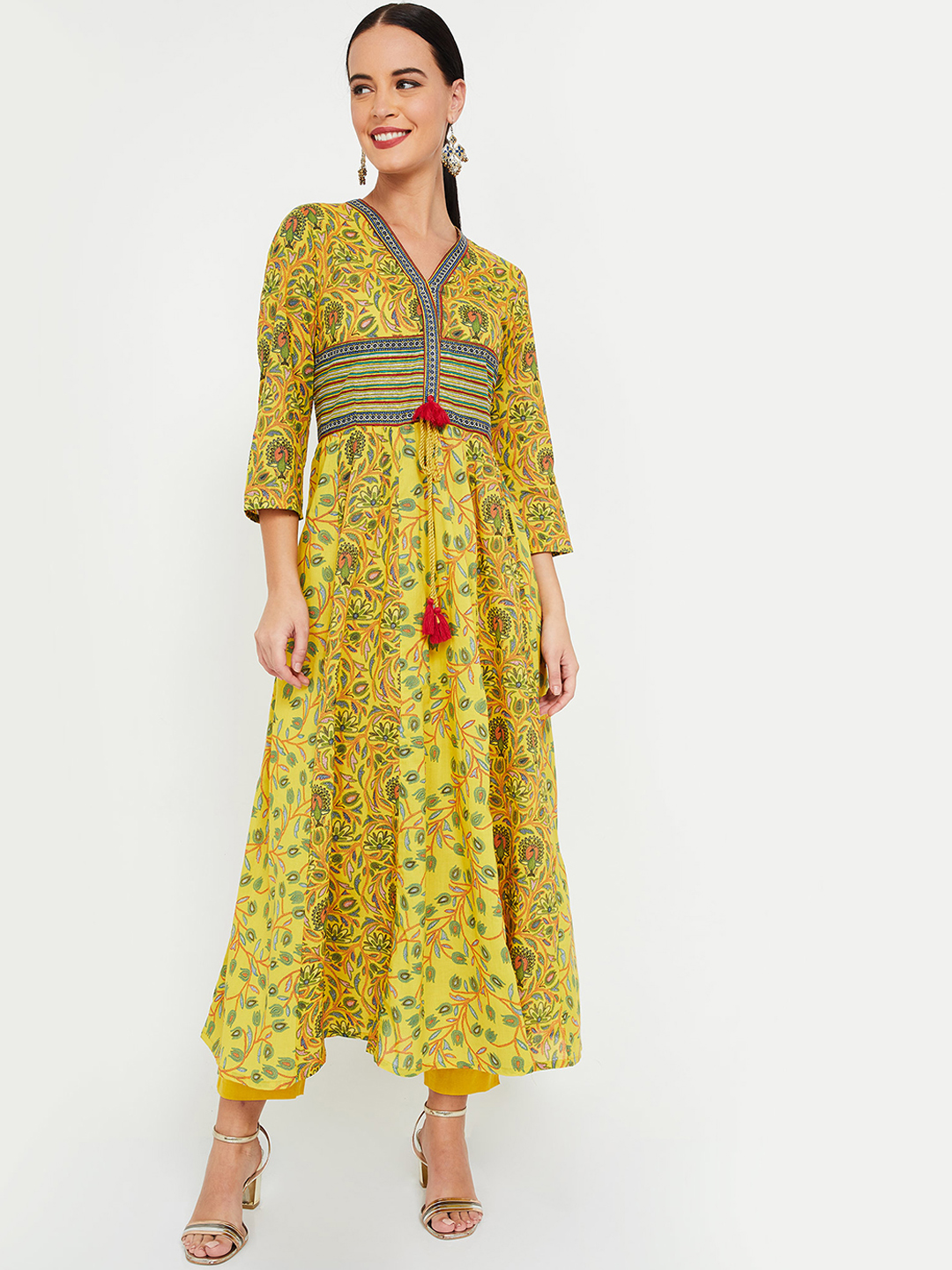 Melange by Lifestyle Women Yellow & Green Printed A-Line Kurta Price in India