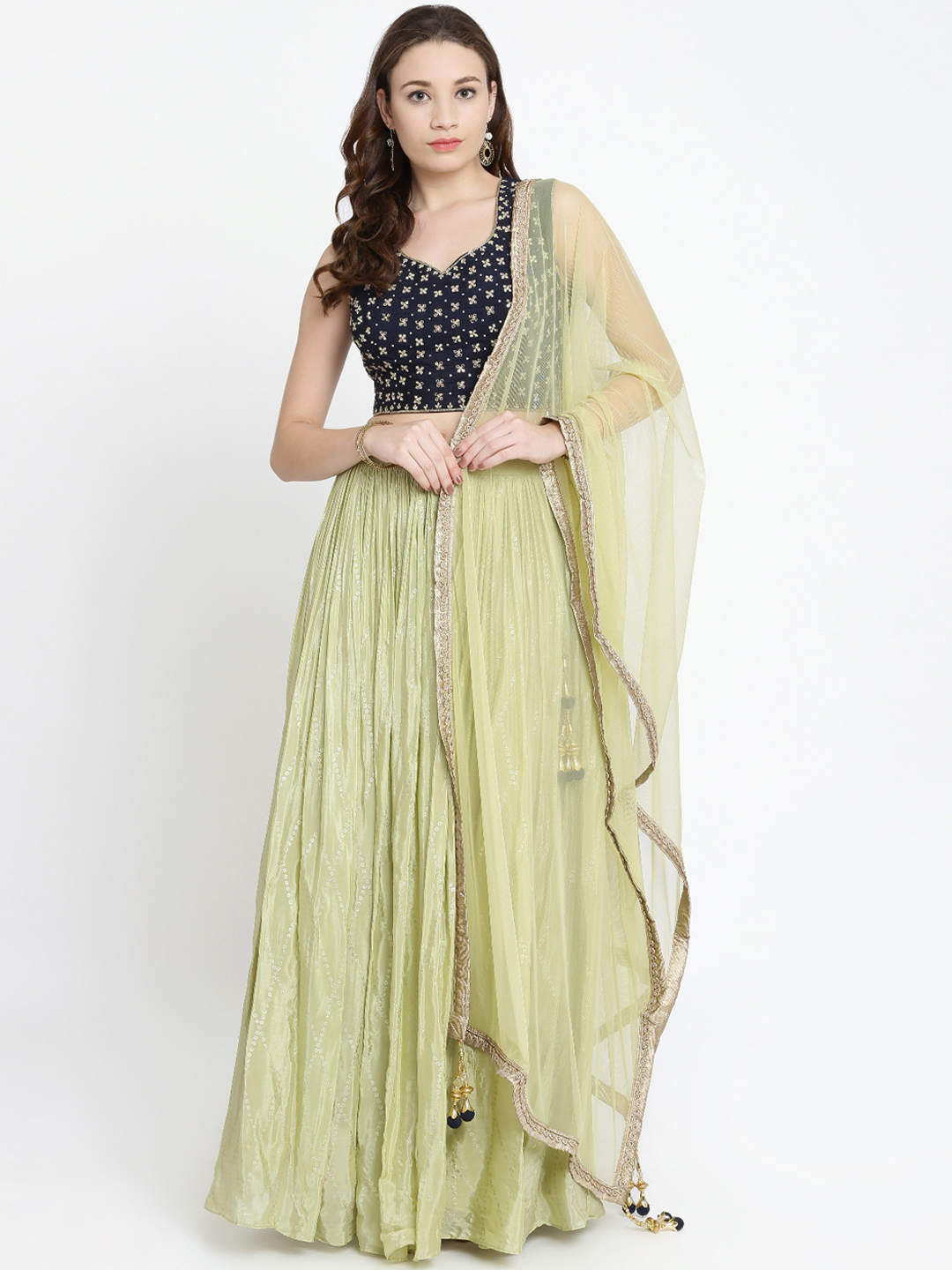 Koskii Green & Navy Blue Embellished Ready to Wear Lehenga & Blouse with Dupatta Price in India