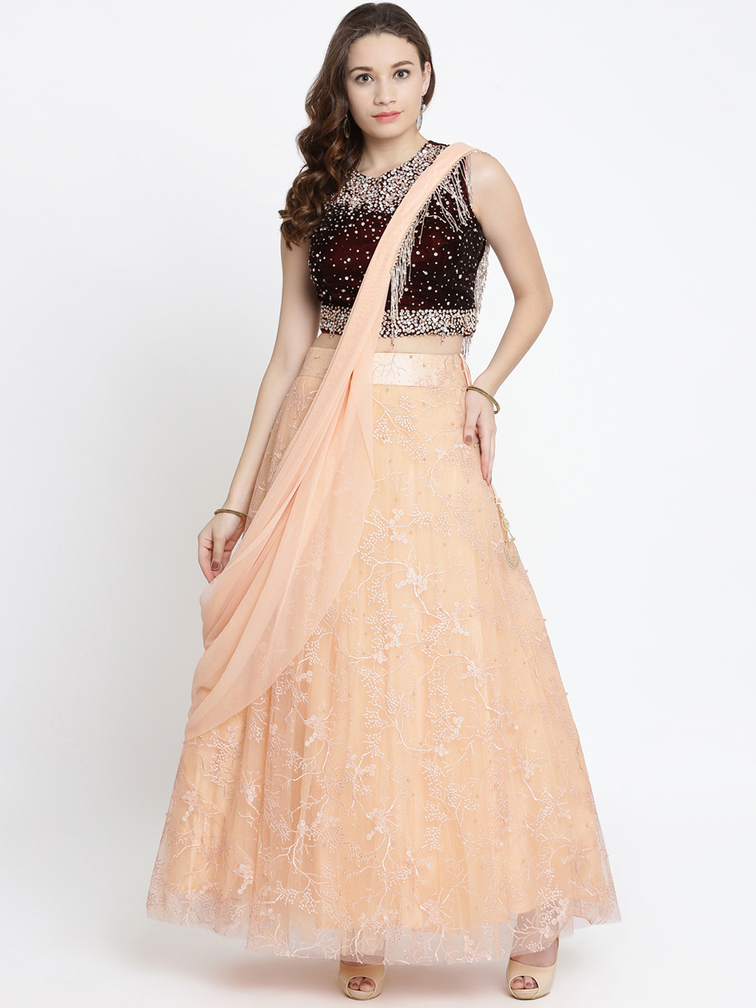 Koskii Peach-Coloured & Purple Embellished Ready to Wear Lehenga & Blouse with Dupatta Price in India