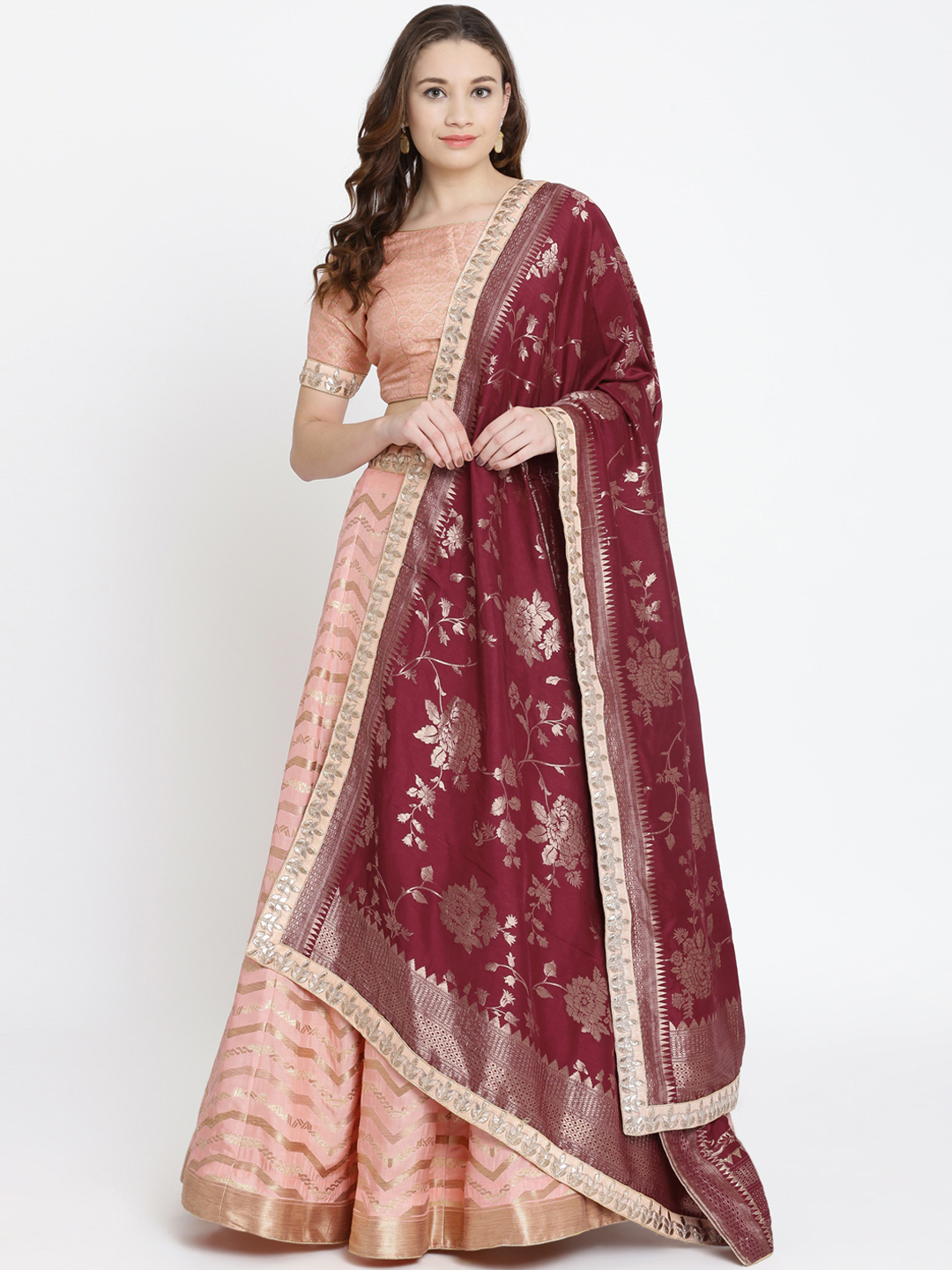 Koskii Peach-Coloured & Maroon Woven Design Semi-Stitched Lehenga & Blouse with Dupatta Price in India