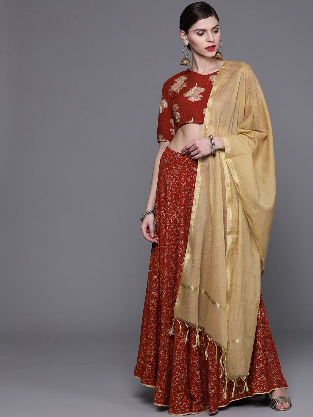 AKS Couture Red & Golden Printed Lehenga Choli With Dupatta Price in India