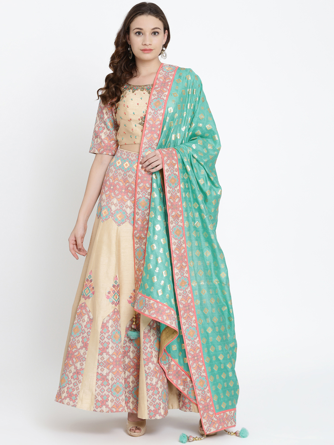 Koskii Cream-Coloured & Green Embroidered Ready to Wear Lehenga & Blouse with Dupatta Price in India