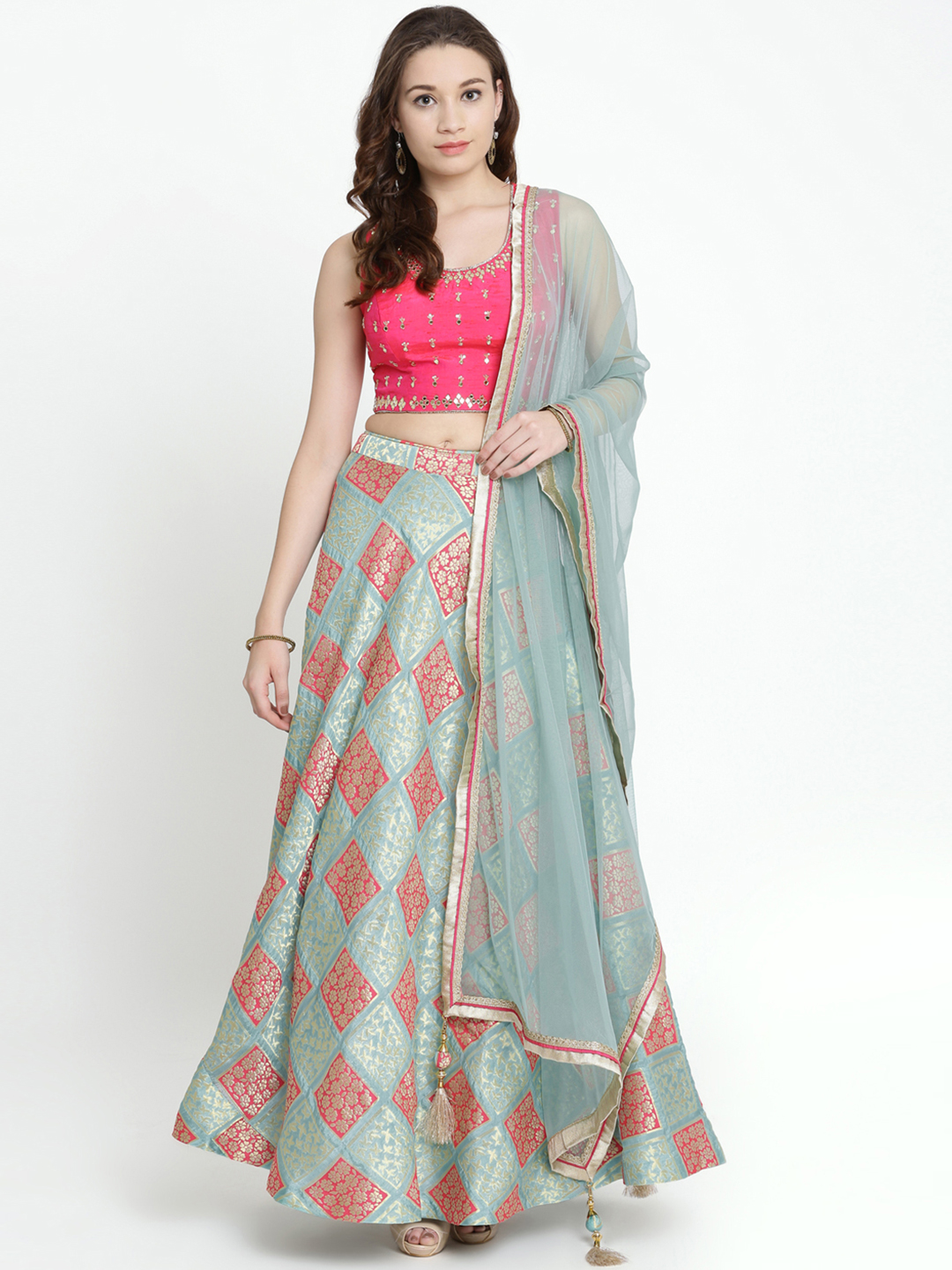 Koskii Green & Magenta Embellished Ready to Wear Lehenga & Blouse with Dupatta Price in India