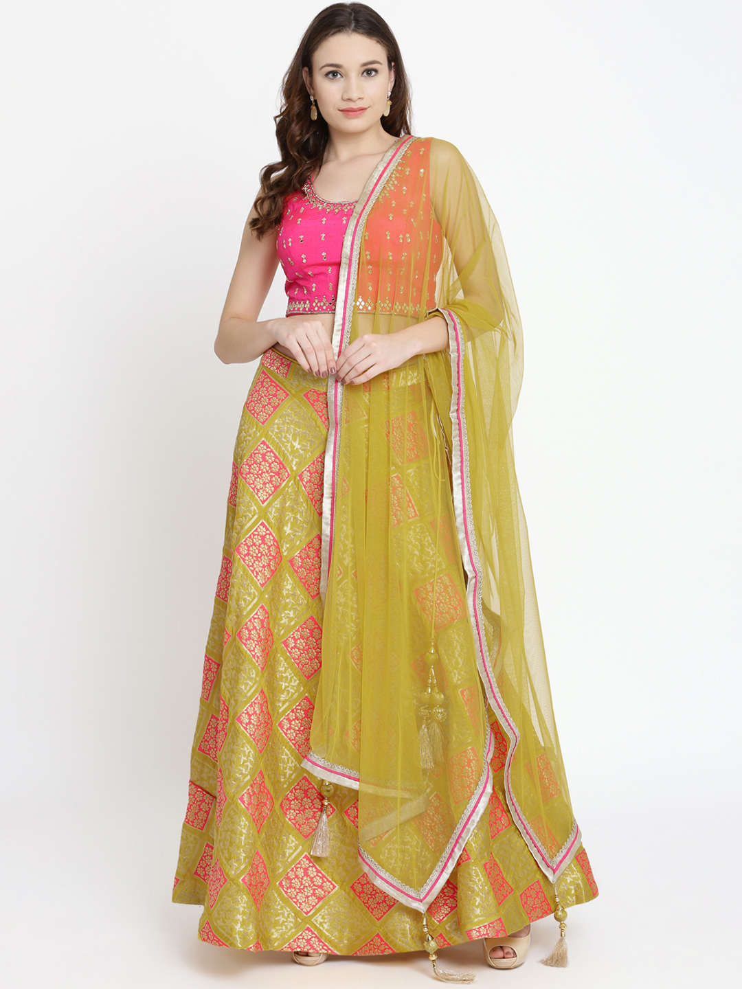 Koskii Yellow & Pink Embellished Brocade Ready to Wear Lehenga & Blouse with Dupatta Price in India