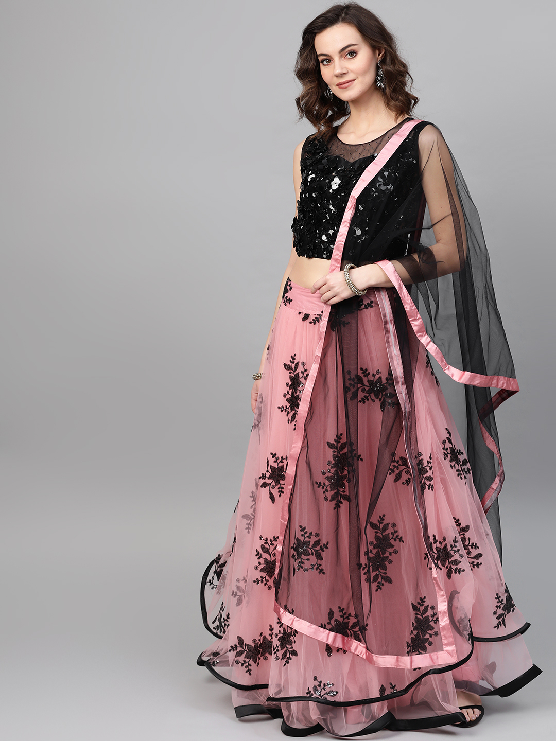 Chhabra 555 Women Pink & Black Sequinned Made to Measure Lehenga Choli With Dupatta Price in India