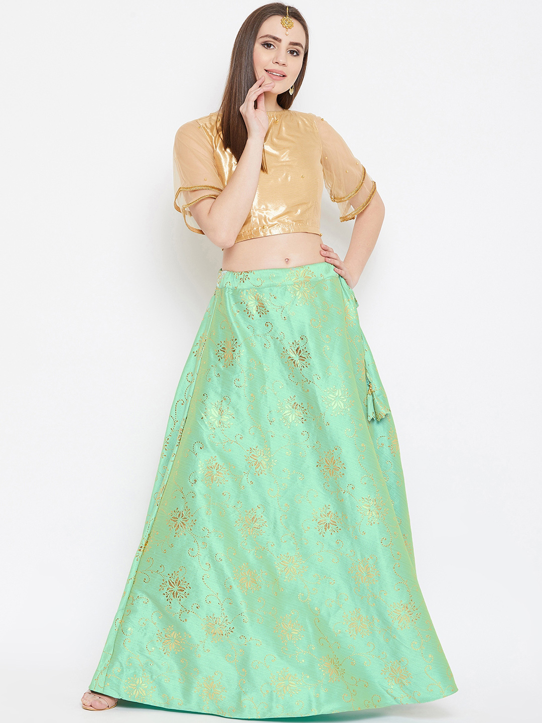 studio rasa Women Green & Gold-Coloured Ready to Wear Lehenga with Blouse Price in India