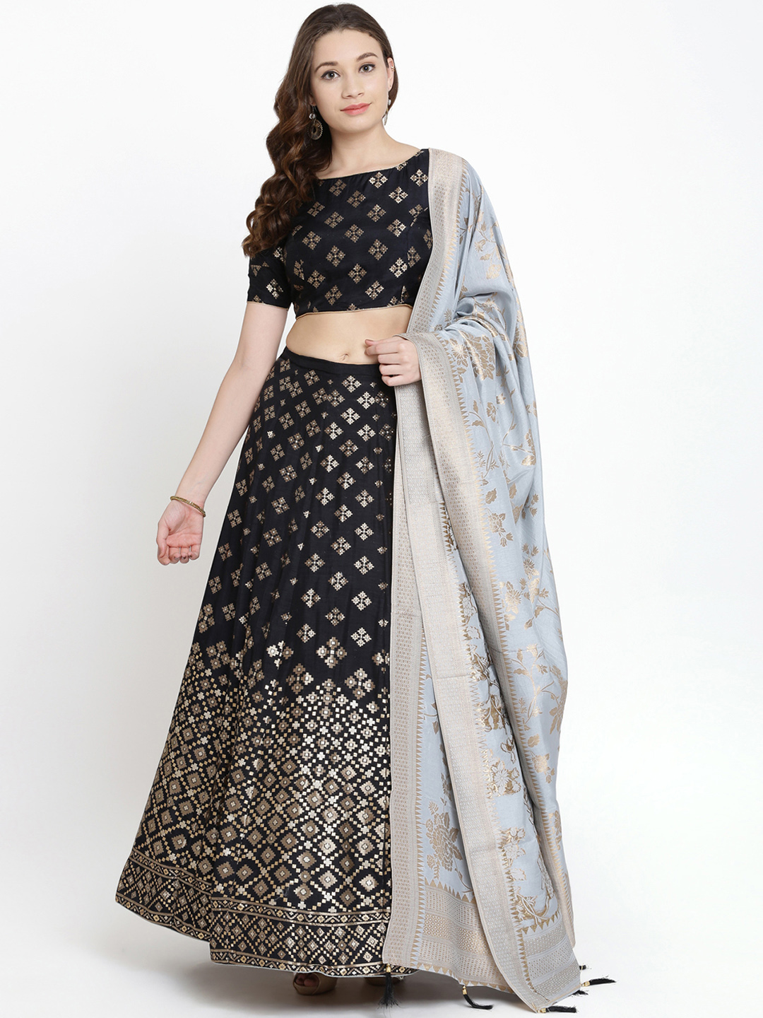 Koskii Black & Blue Woven Design Semi-Stitched Lehenga & Blouse with Dupatta Price in India