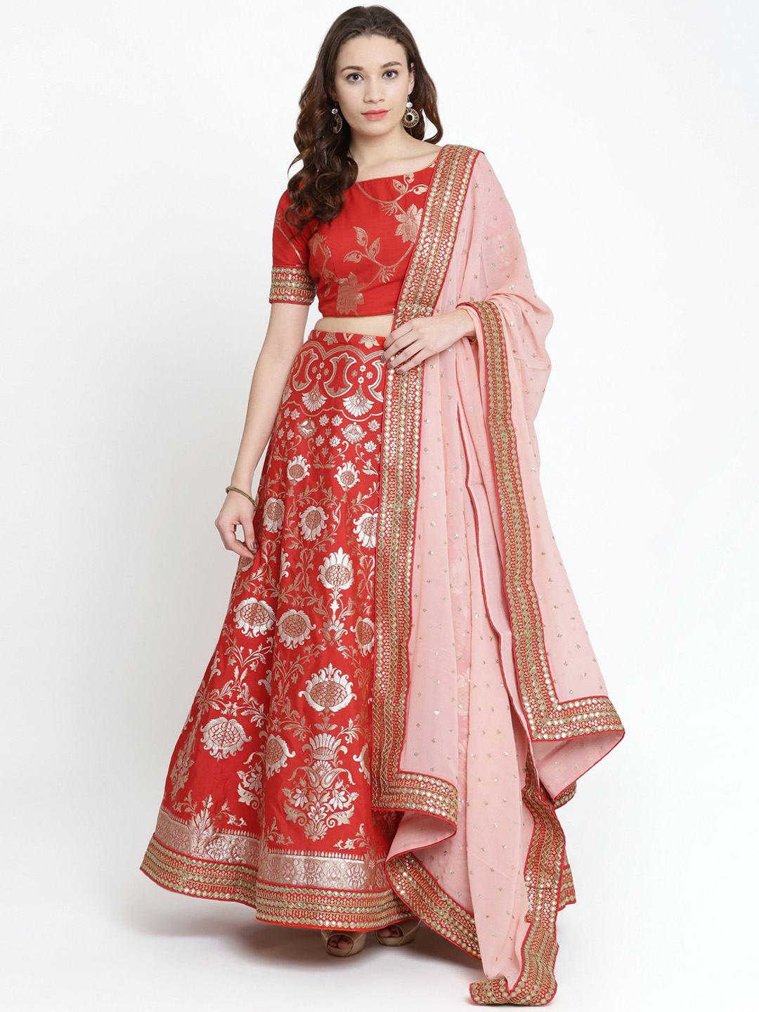 Koskii Red & Pink Printed Semi-Stitched Lehenga & Blouse with Dupatta Price in India